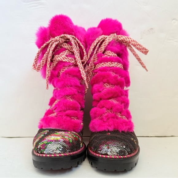 Christian Louboutin Paillettes Fanny 70 Pink Rabbit Fur Heel Combat Boots EU 37 - Picture 4 of 12